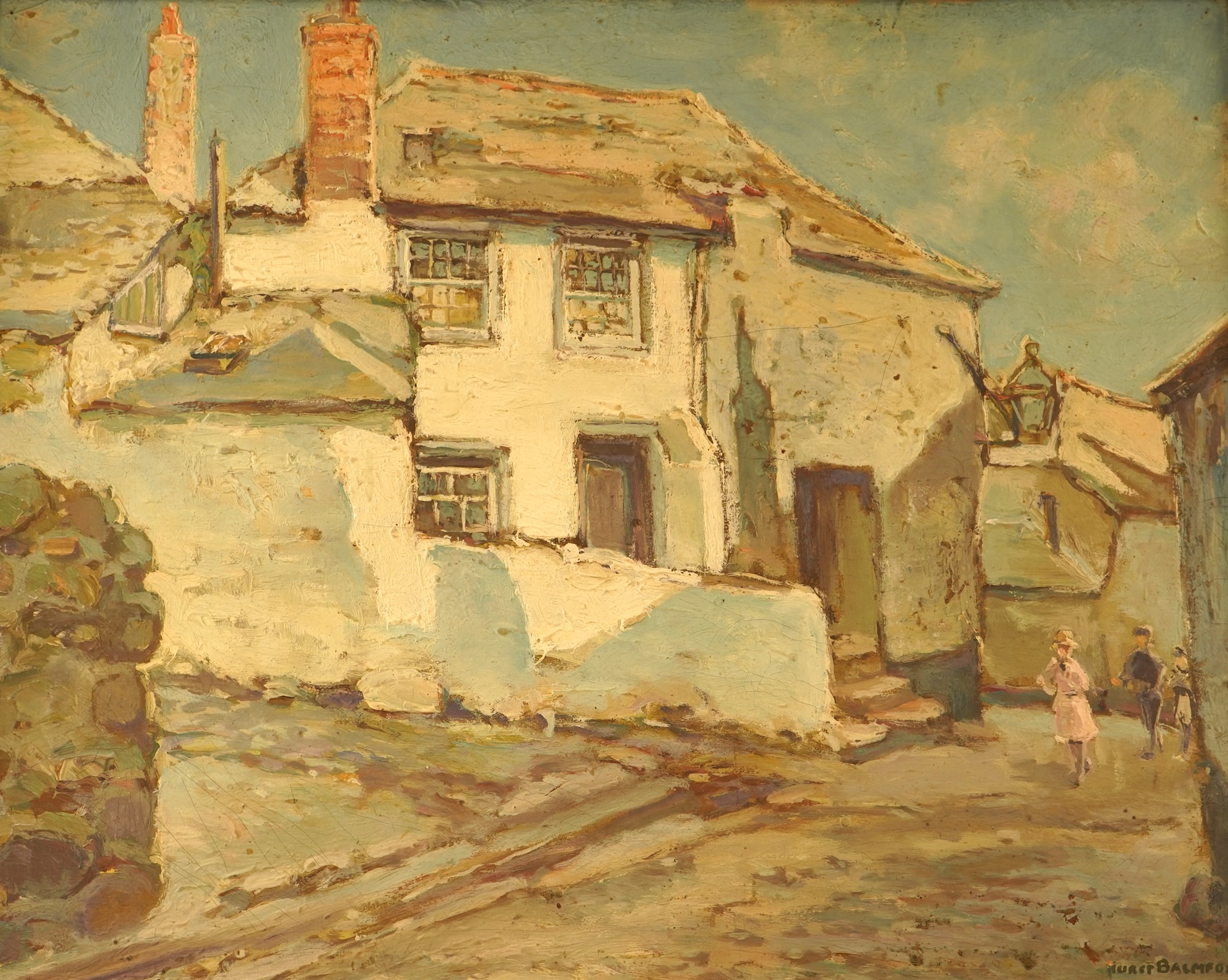 Hurst Balmford (1871-1950), Coastal view, harbour view and street scene, each signed, set of three oils on canvas laid onto board, 40 x 50cm
